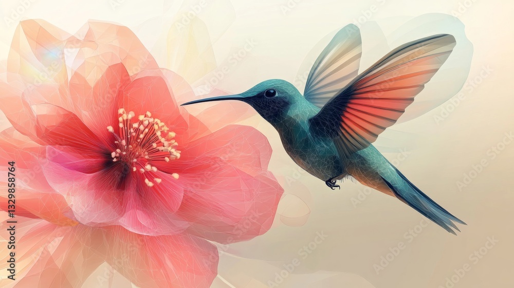 Fototapeta premium Hummingbird Hovering Near Pink Flower Soft Pastel Colors