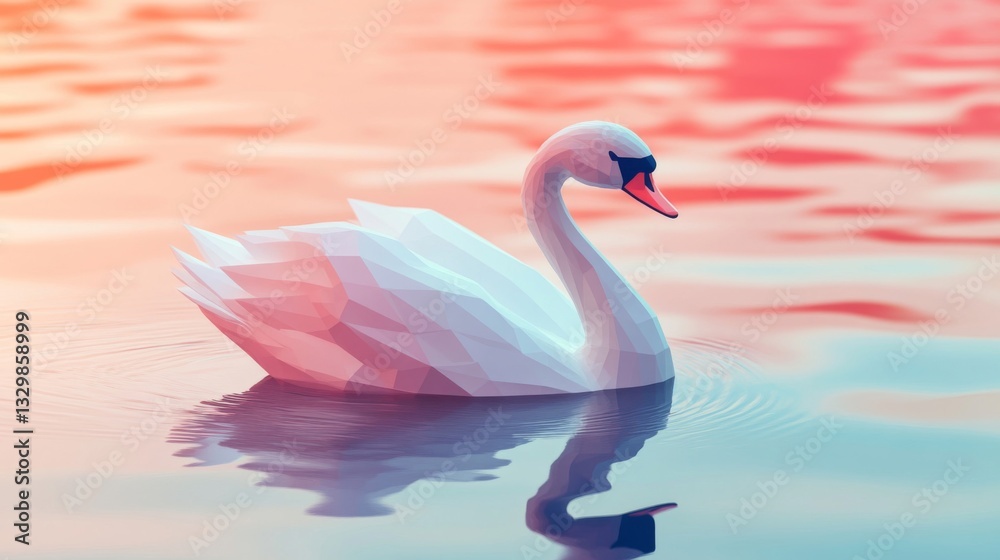 Naklejka premium White Lowpoly Swan on Pink and Orange Water at Sunset
