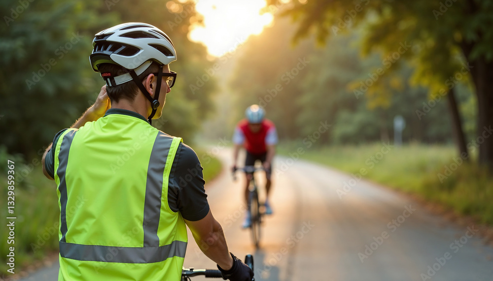 Cyclists wearing reflective gear during dusk ride highlighting cycling safety importance Cyclists wearing reflective gear during dusk ride highlighting cycling safety importance