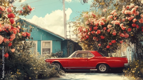 A red classic car parked outside a picturesque house setting