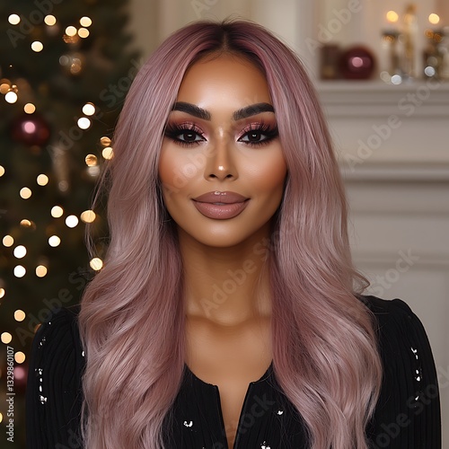 Woman in black with pink hair near tree