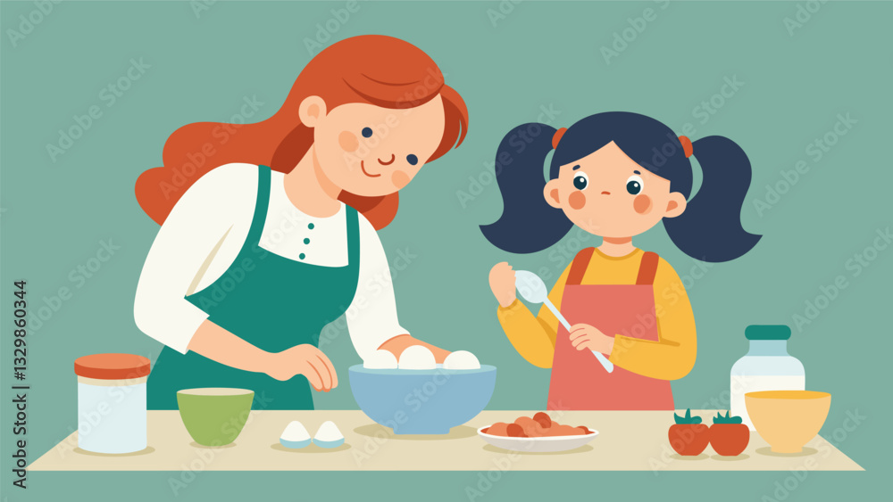 A mother and daughter duo carefully measure and mix ingredients for traditional Irish soda bread the same recipe that has been passed down in their family for generations.. Vector illustration A mother and daughter duo carefully measure and mix ingredients for traditional Irish soda bread the same recipe that has been passed down in their family for generations.. Vector illustration