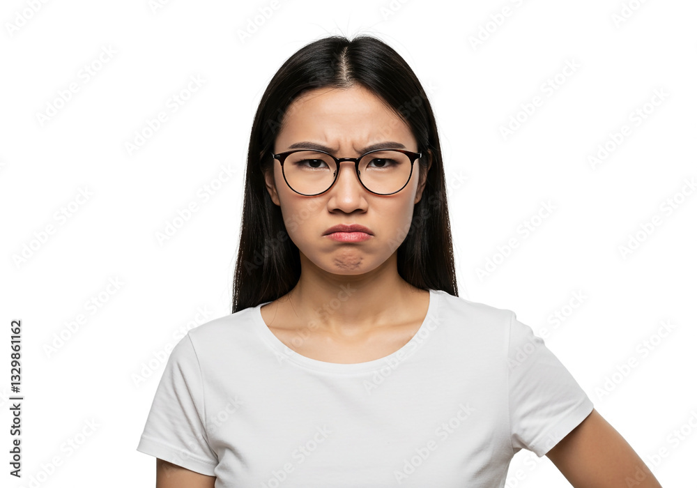 Irritated Asian woman in glasses expressing annoyed mad frustrated feelings isolated over white background Irritated Asian woman in glasses expressing annoyed mad frustrated feelings isolated over white background