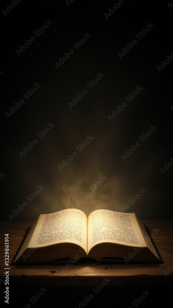 Fototapeta premium Open book with light illuminating pages from below.