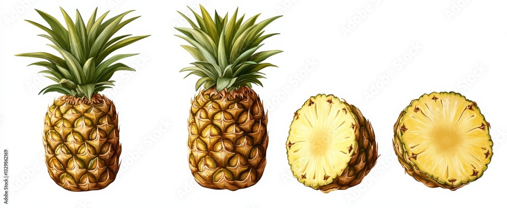 Two Whole Pineapples and Two Halves on White Background Two Whole Pineapples and Two Halves on White Background