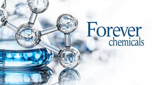 A transparent molecular structure with glass spheres and rods stands against a bright, reflective background. The words 