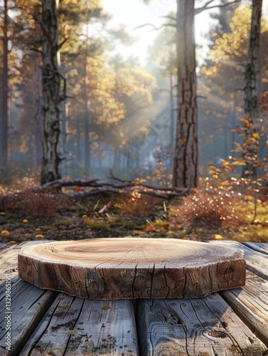 Large log sits on a wooden table in a forest