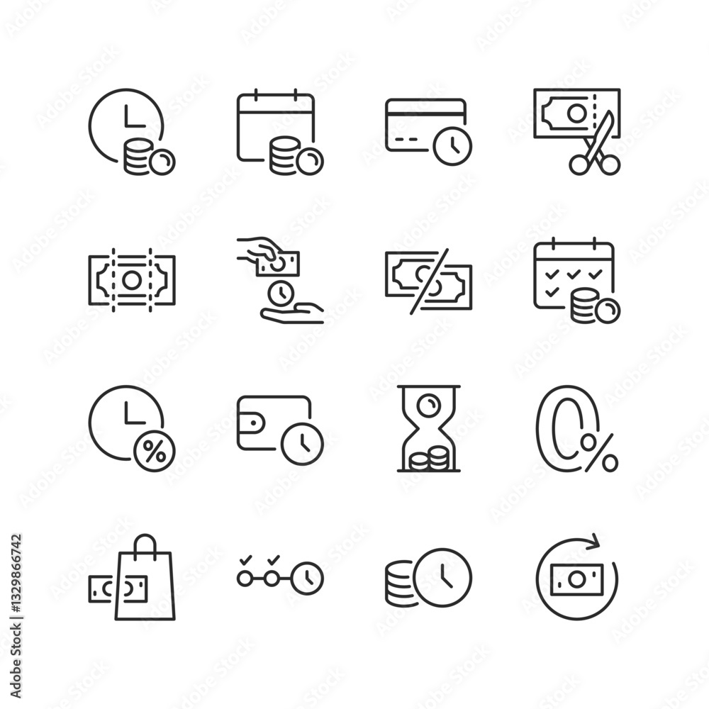 Pay Later, linear style icons set. Deferred payments, installment plans, financial scheduling, and online transactions. Editable stroke width