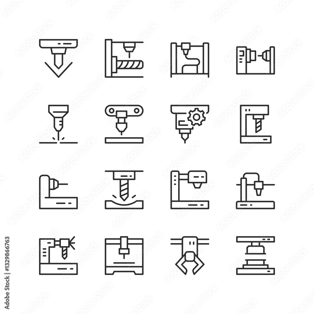 CNC Machine, linear style icons set. Milling machine, a lathe, a drill, a laser cutter, an industrial robot arm, and engraving machine. Editable stroke width