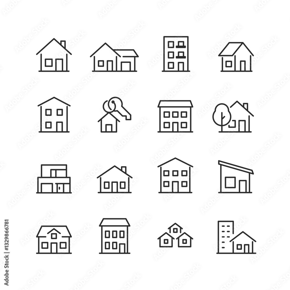 Fototapeta premium House, linear style icons set. Houses, Apartment building, duplex, key, tree, and modern home. Residential living, real estate, property ownership, urban or suburban housing. Editable stroke width