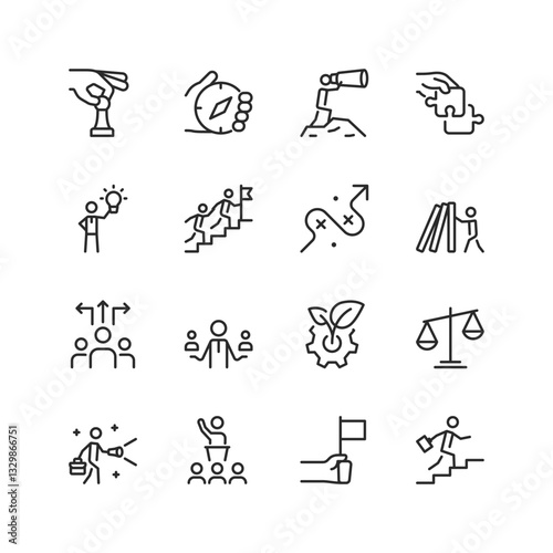 Proactive Leadership and Strategy, linear style icons set. Team climbing, decision-making, teamwork, goal achievement. Leadership, strategy, success, professional development. Editable stroke width