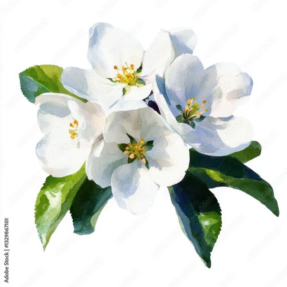 Fototapeta premium White Blossoms with Green Leaves on a Bright Background