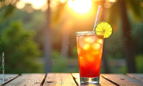 Refreshing Citrus Beverage with Ice and Lemon Slice at Sunset