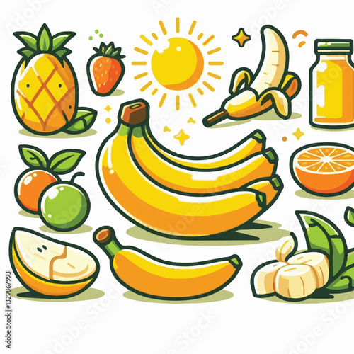 Adobe Illustrator ArtworkKeywords: banana, food, fruit, natural, tropical, organic, fresh, background, yellow, nutrition, healthy, ripe, peel, diet, isolated, sweet, health, white, vitamin, bunch, veg