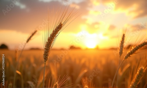Golden Wheat Field at Sunset with Warm Sky and Soft Clouds