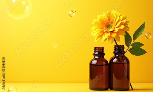 Bright Amber Bottles with Yellow Flower on Vibrant Yellow Background