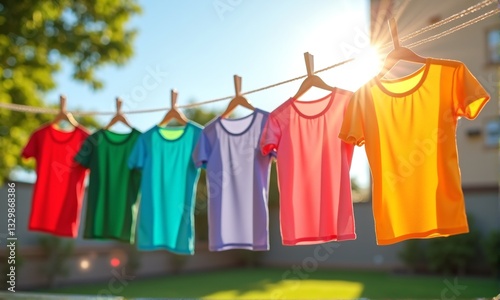 Colorful T-Shirts Drying on a Clothesline in Bright Sunlight