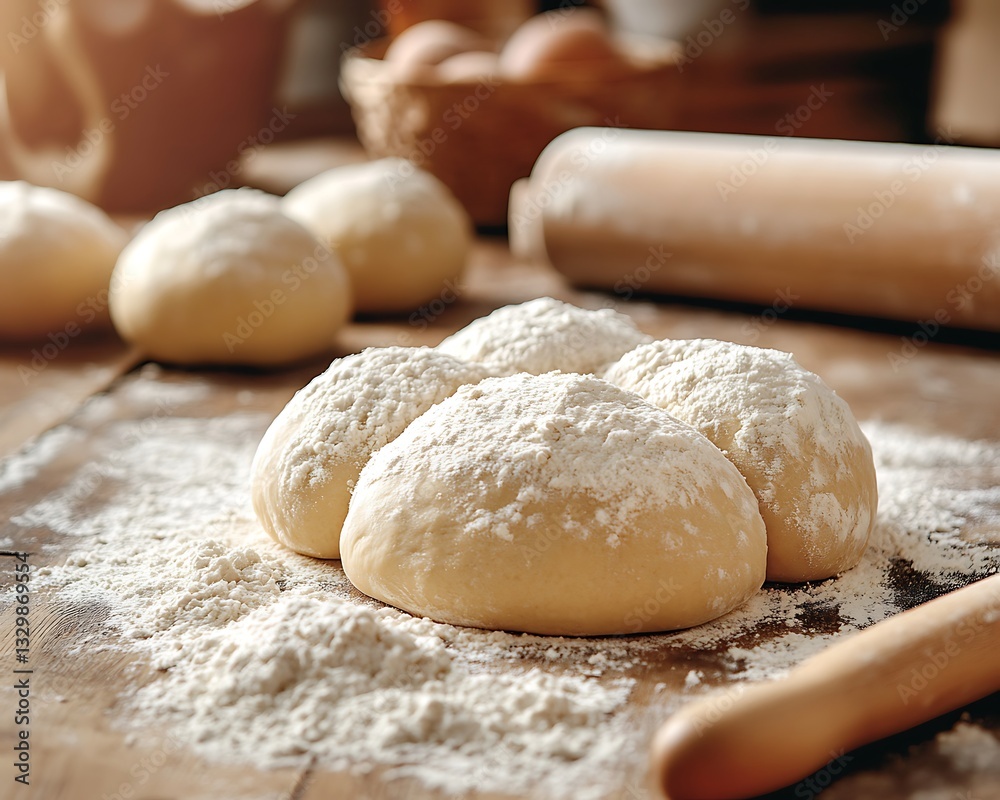 Dough balls on wooden table with flour. Dough balls on wooden table with flour.