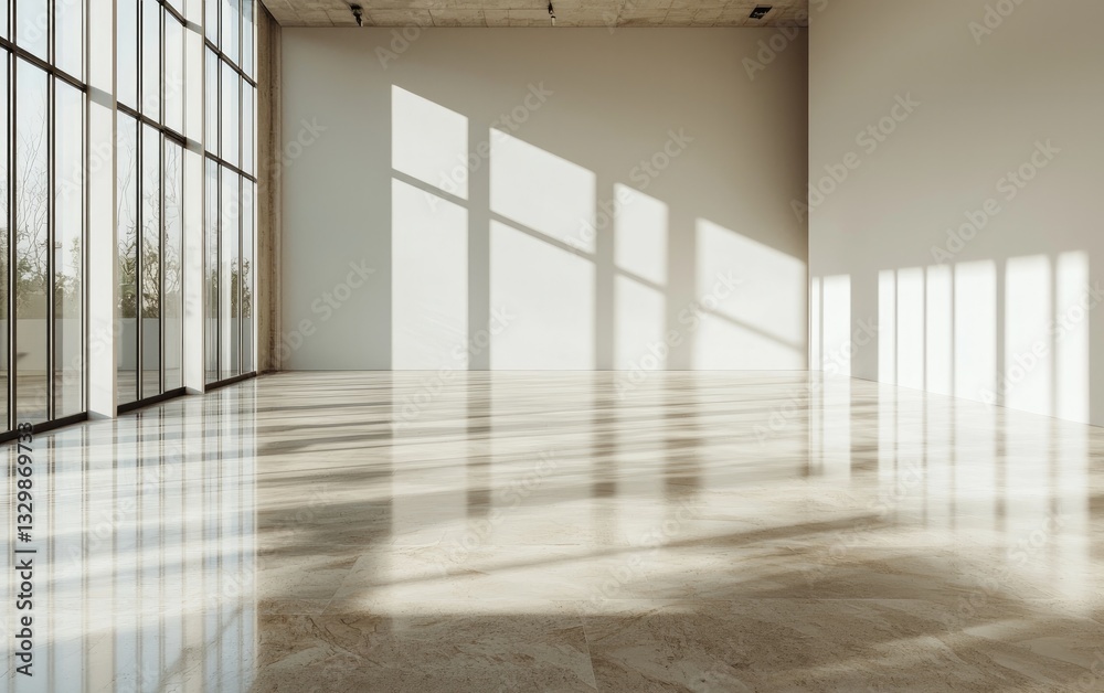 Fototapeta premium Empty Modern Industrial Loft with Polished Concrete Floor Large Windows and Sunlight Beams