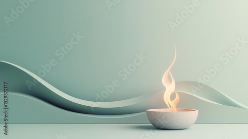 A minimalistic fire pit design with a clean flame and soft heat waves, set on a simple greencolored backdrop photo