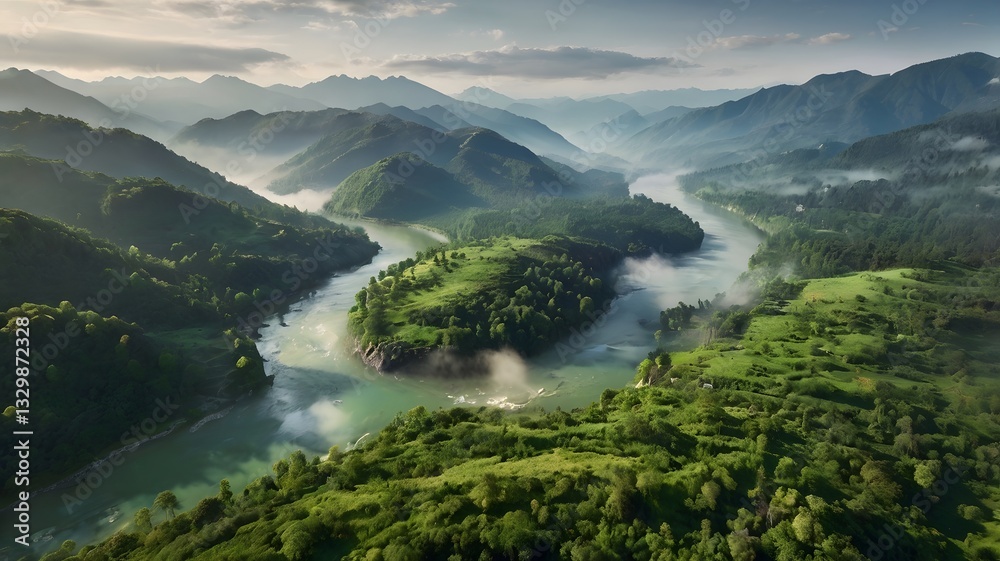 Obraz premium A vast valley nestled between towering, misty mountains, lush green forests blanket the slopes, a winding river flowing through the valley floor, thick fog clinging to the mountain peaks,
