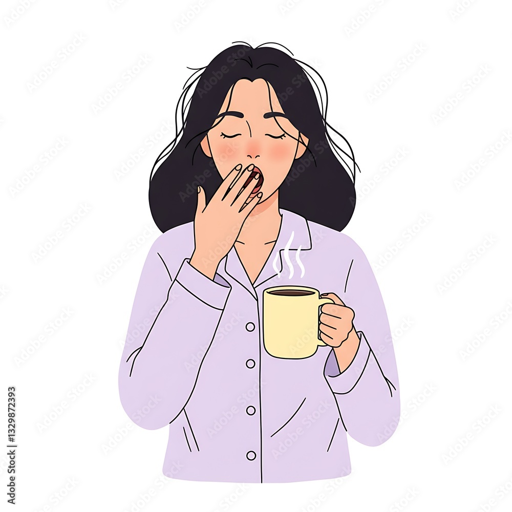 Sleepy Woman in Pajamas with Coffee: A Gentle Line Art Illustration Sleepy Woman in Pajamas with Coffee: A Gentle Line Art Illustration