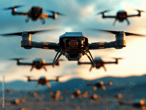 Drone swarm tactics for modern warfare, coordinated group of combat drones executing an aerial attack, advanced AI synchronization, futuristic warzone