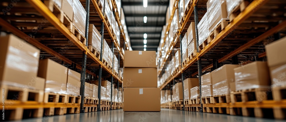 A spacious warehouse filled with neatly stacked cardboard boxes on shelves, showcasing an organized storage environment. A spacious warehouse filled with neatly stacked cardboard boxes on shelves, showcasing an organized storage environment.