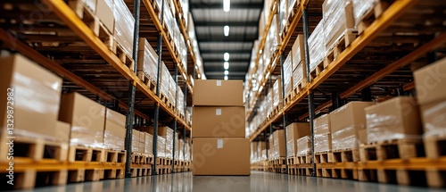 A spacious warehouse filled with neatly stacked cardboard boxes on shelves  showcasing an organized storage environment.