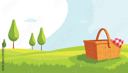 Wicker picnic basket in green field under blue sky, outdoor leisure