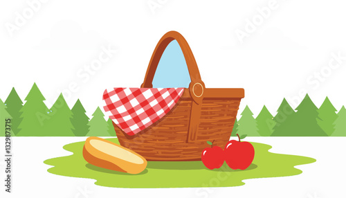 Wicker picnic basket with apples and bread on green grass, outdoor leisure