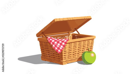 Classic wicker picnic basket with apple, inviting outdoor enjoyment
