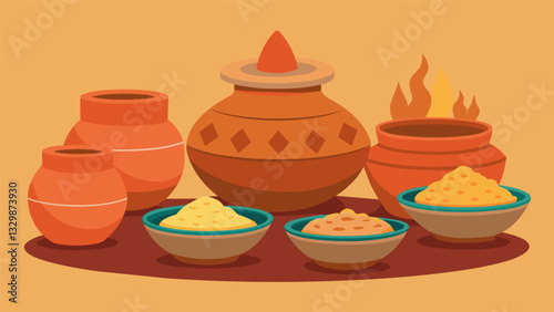 The exhibit also includes a collection of clay cazuelas shallow earthenware pans that were popular for cooking rice dishes and other traditional meals.. Vector illustration