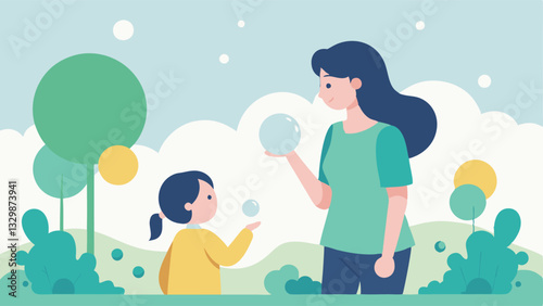 Joyful Mother's Day: A heartwarming flat-color illustration of a mother and child sharing a delightful moment, playing with bubbles outdoors on a sunny day. Celebrate the special  
