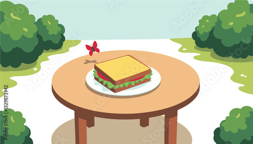 Whimsical sandwich on wooden table in park, simplicity and nature