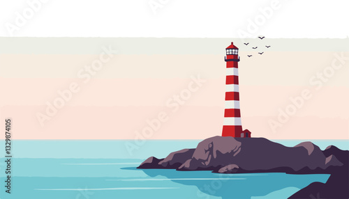 Tranquil lighthouse standing tall by calm sea at sunset, hope and guidance