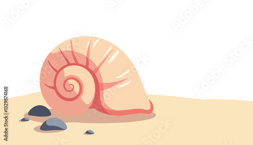 Spiral seashell resting on sand, coastal serenity