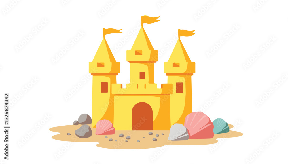 Bright yellow sandcastle with flags on white background, summer fun Bright yellow sandcastle with flags on white background, summer fun