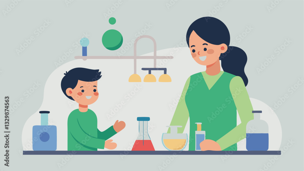 Joyful Mother's Day Science Experiment: Mom and Child's Fun Lab Adventure. Celebrate motherhood with this vibrant, flat-color illustration depicting a loving mother and her child Joyful Mother's Day Science Experiment: Mom and Child's Fun Lab Adventure. Celebrate motherhood with this vibrant, flat-color illustration depicting a loving mother and her child