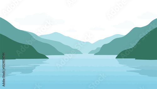 Serene mountain lake reflecting gentle hills and clouds, peaceful nature