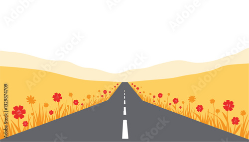 Straight bike path surrounded by colorful wildflowers in open field, nature harmony