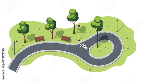 Modern bike path winding through green park, urban tranquility