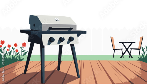 Stylish portable gas grill on wooden patio, outdoor cooking