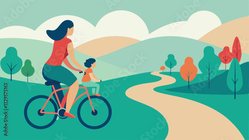 Mother's Day Joyride: A heartwarming flat-color illustration of a mother and child sharing a blissful bike ride through a scenic landscape, symbolizing the unbreakable bond of     