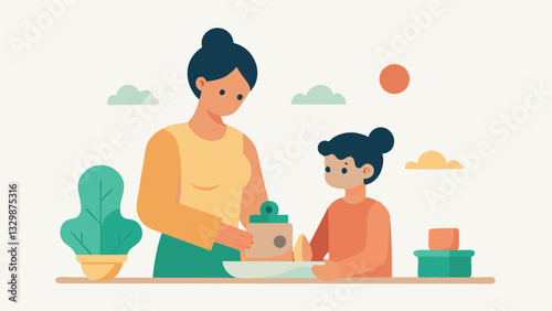 Happy Mother's Day: A heartwarming flat-color illustration depicting a loving mother and her child joyfully engaged in a creative clay modeling activity, celebrating the special   