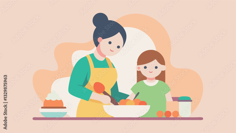 Sweet Mother's Day Baking Fun: A heartwarming flat color illustration of a mother and child joyf Sweet Mother's Day Baking Fun: A heartwarming flat color illustration of a mother and child joyf