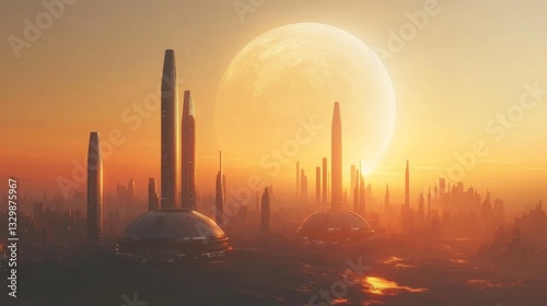 Futuristic Cityscape at Sunset with Large Moon