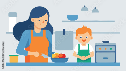 Joyful Mother's Day Baking: A Flat Color Illustration of a Mom and Child Engaging in a Fun and Messy Cooking Experiment Together, Celebrating the Sweet Bond of Motherhood with     