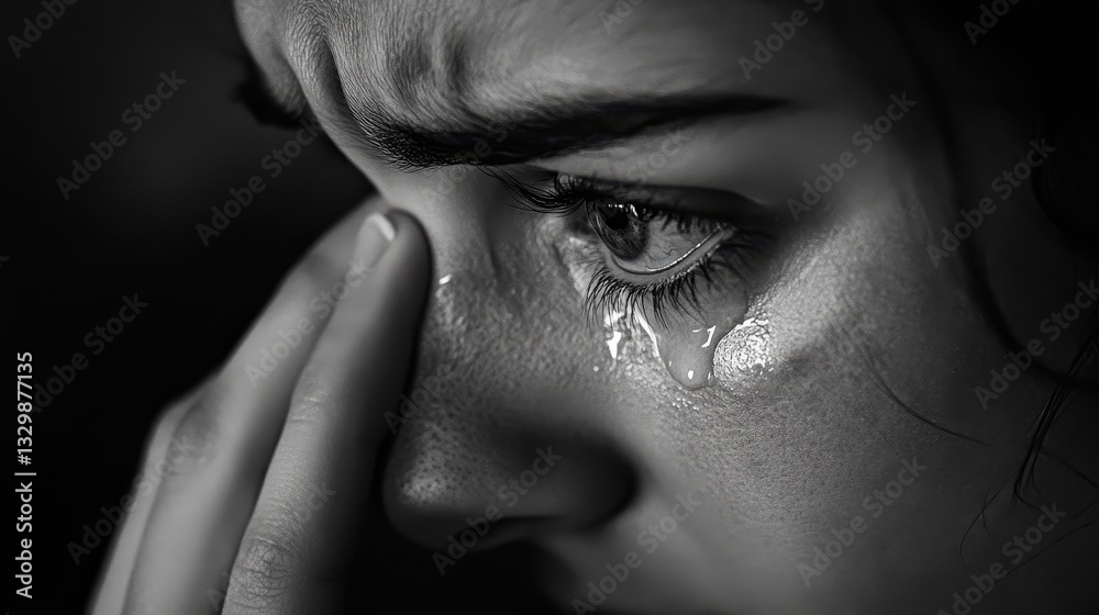 Fototapeta premium A person wiping tears away from their face, their eyes conveying both sadness and an unwavering resolve to improve their situation.