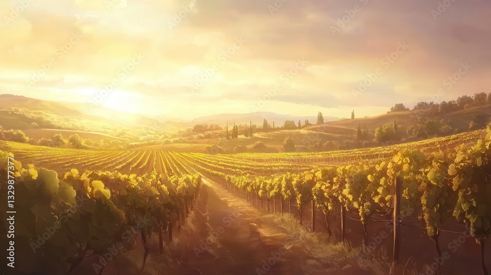 Fototapeta premium Golden Hour Vineyard Serene Rural Landscape at Sunset